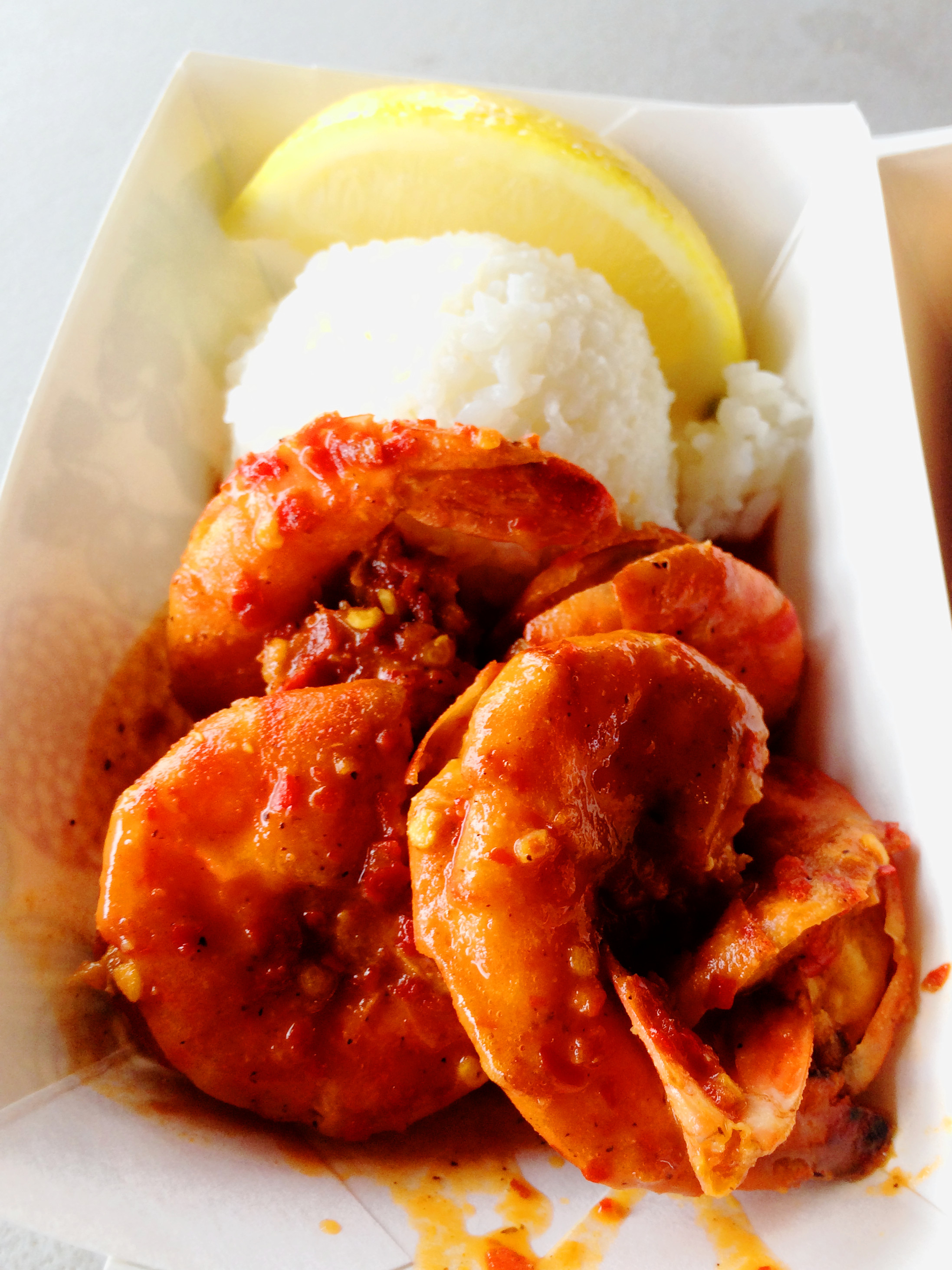 Spicy garlic shrimp from Giovanni's Shrimp Truck — the original North Shore shrimp-truck plate at Kahuku