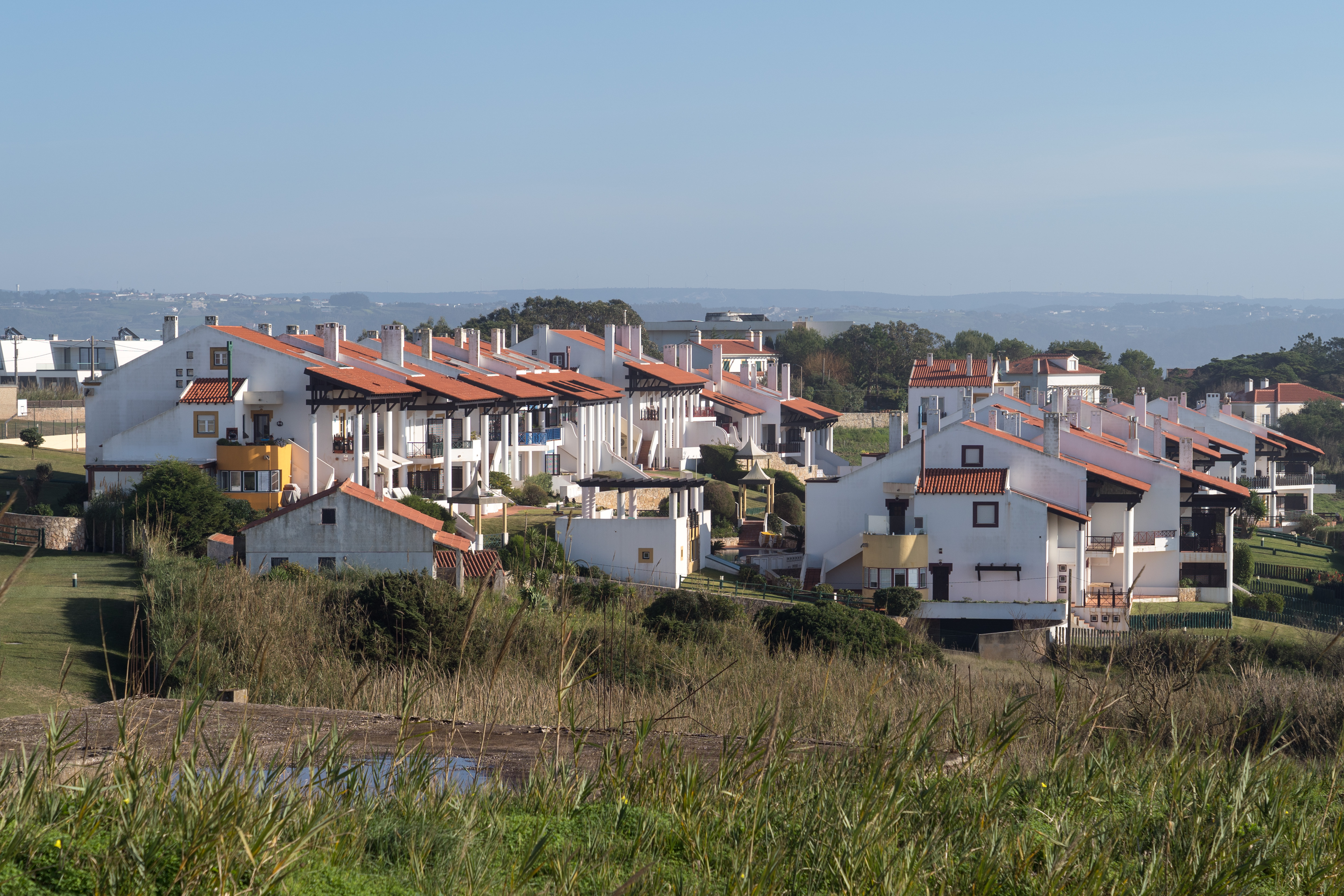 Houses in the village core — tiled facades, late-19th-century seaside Portuguese vernacular